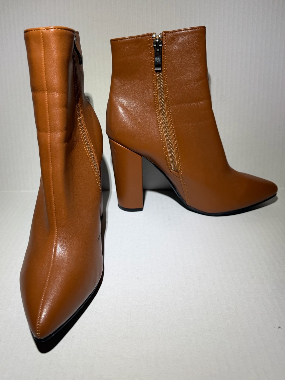 Tan Leather Pointed Toe Block Heel Ankle Boots Size EU 38 US 7.5